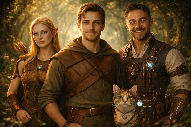 The Questner team, drawn as their own fantasy characters