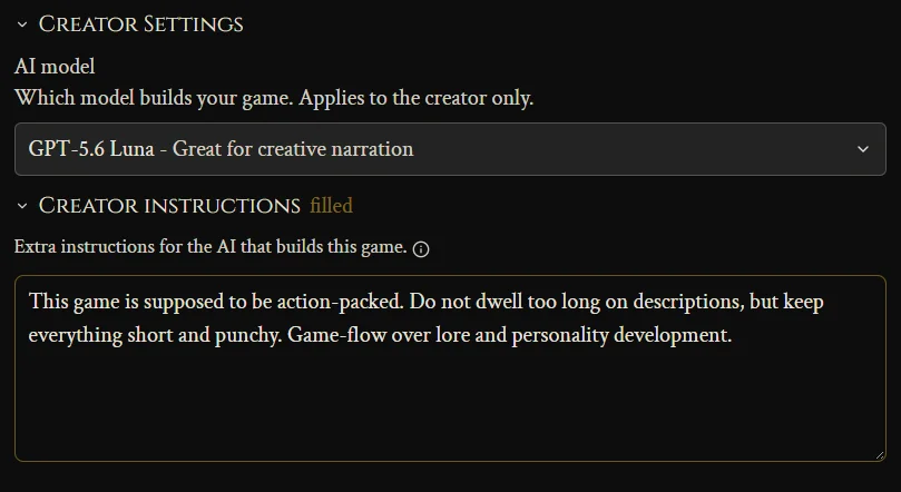 Creator Settings with the AI model and creator instructions