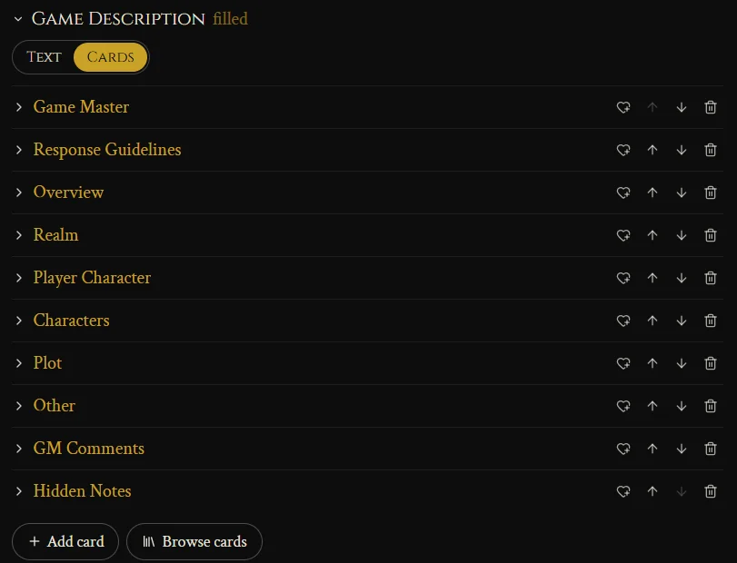 The game description as cards