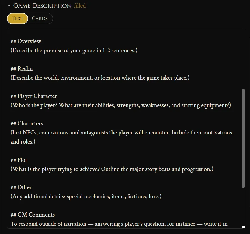 The empty template sections