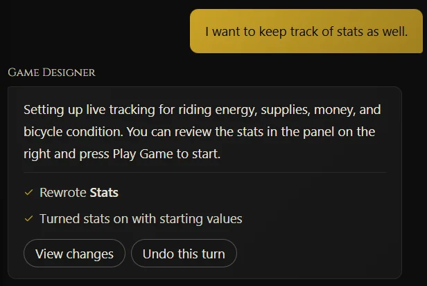 The Game Designer setting up stats