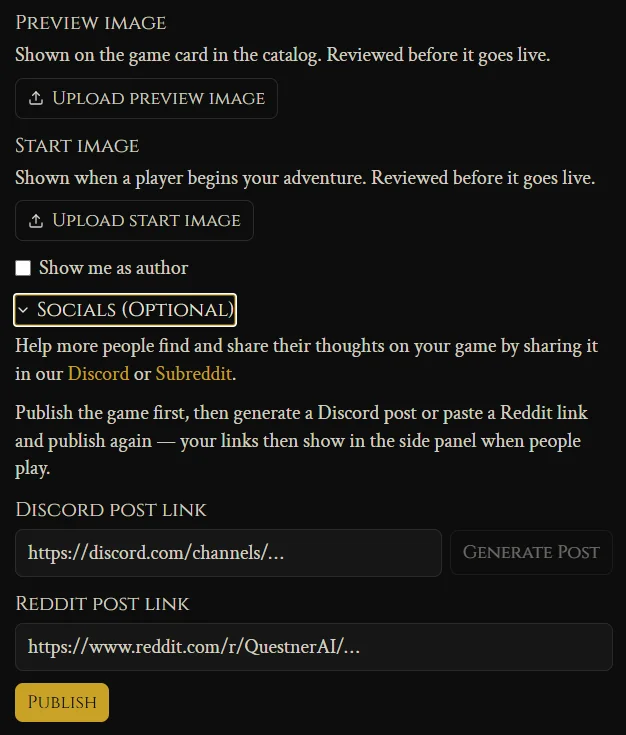 Preview and start images, and the socials section