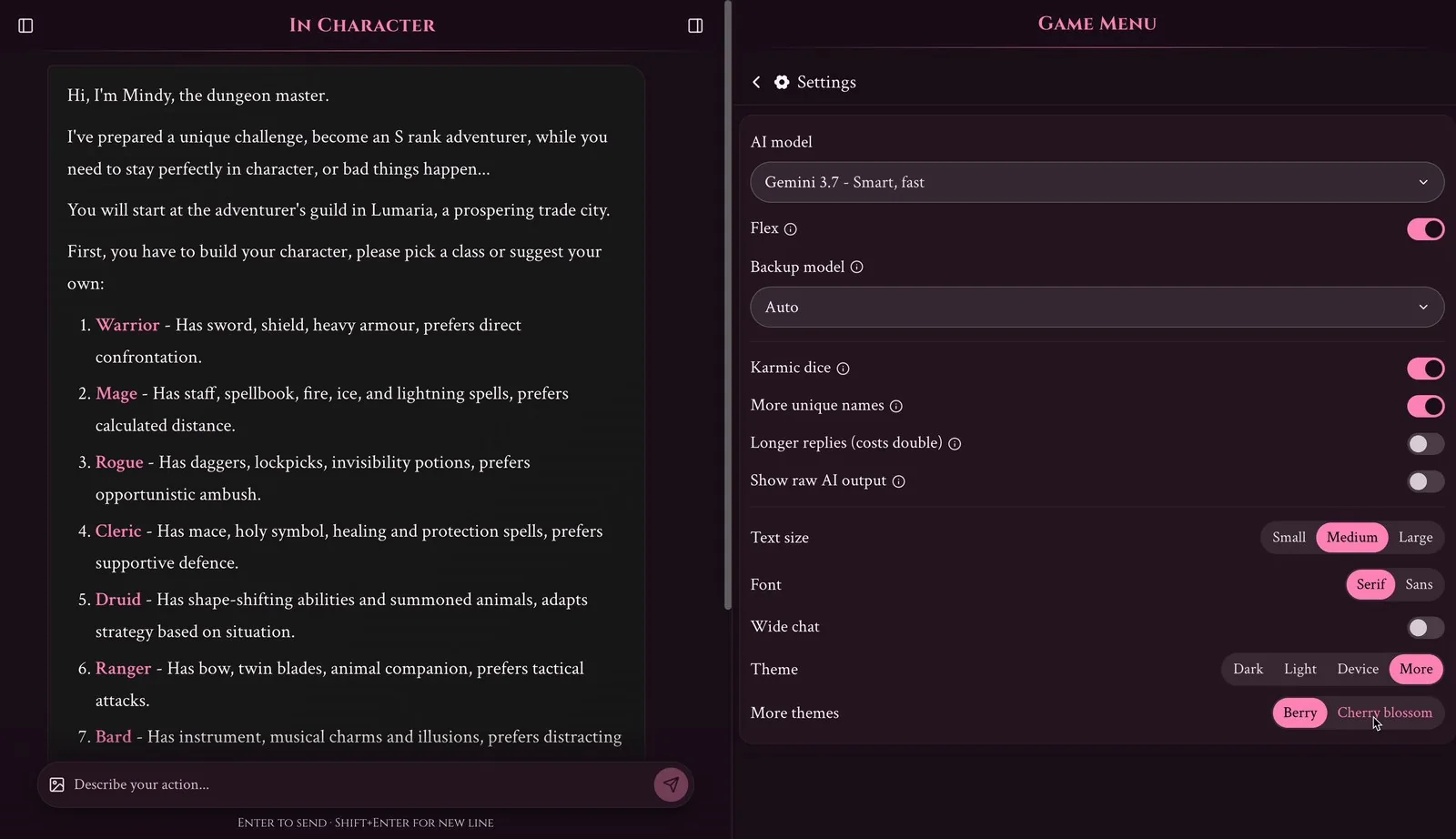 Text, font and theme settings