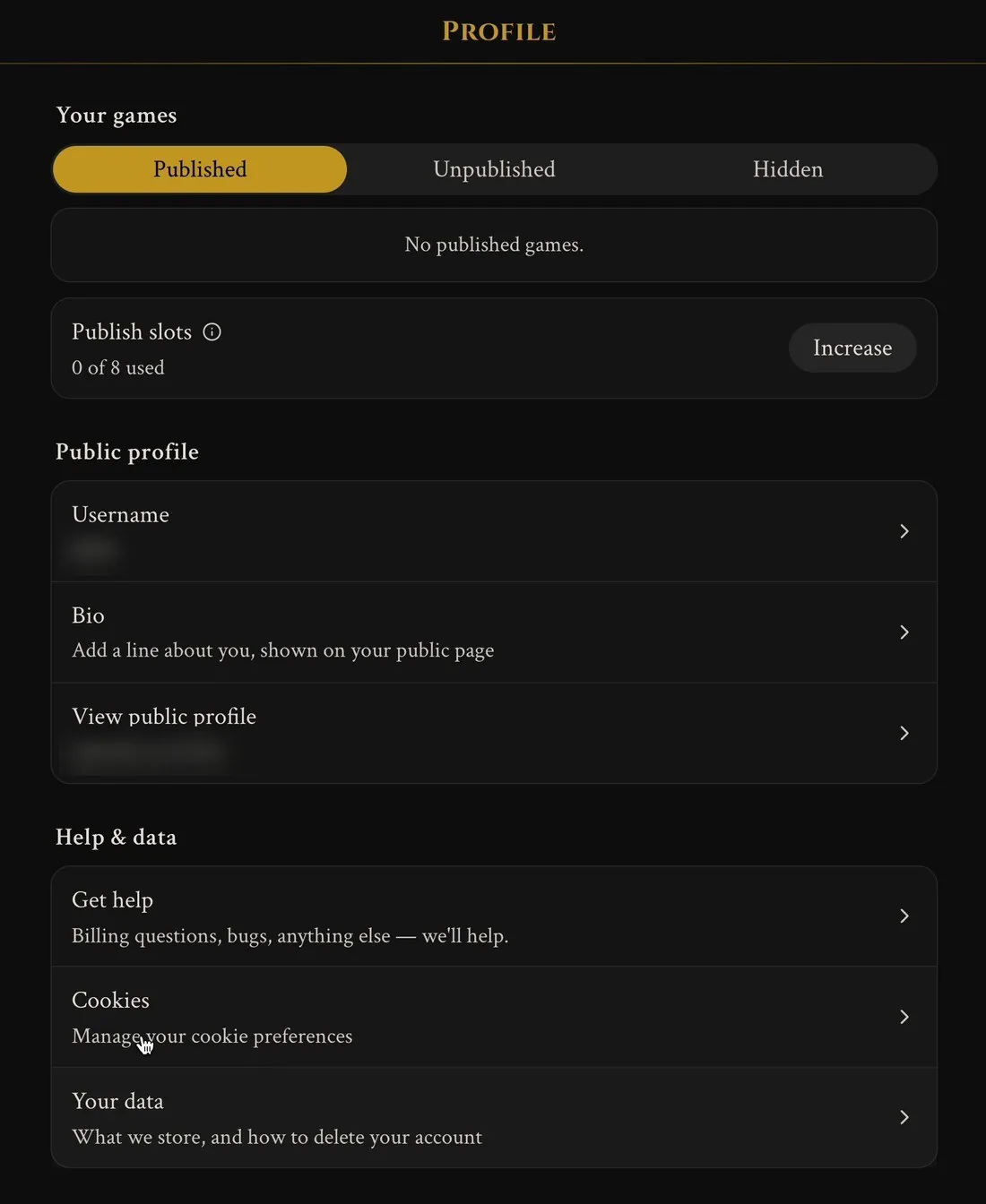 Public profile and Help & data