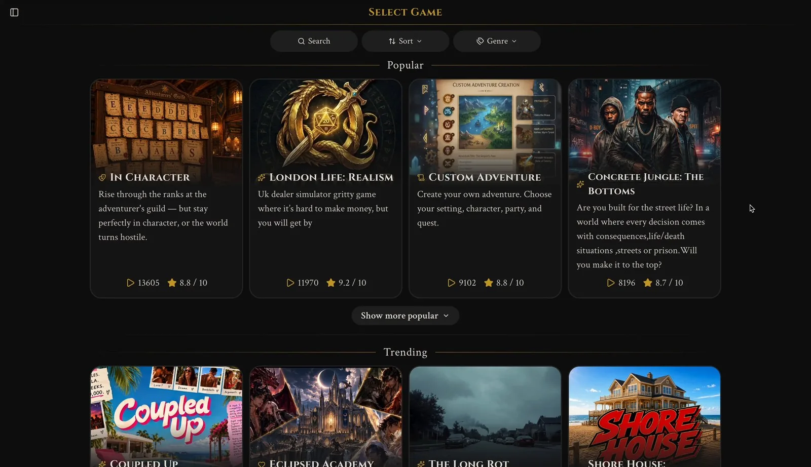The Select Game screen